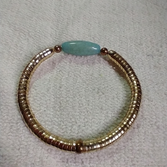 Goldtone beaded bangle blue bead bracelet faux turquoise - Picture 1 of 3